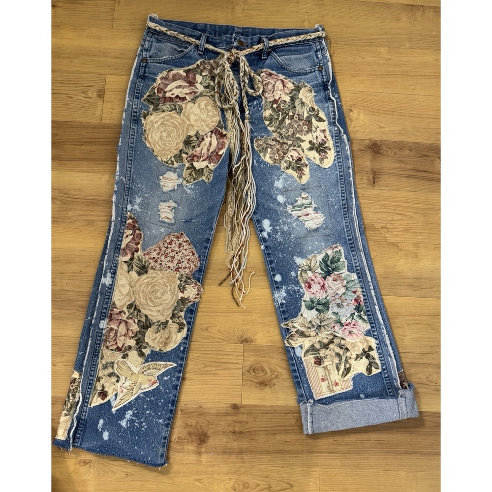 OOAK Upcycled Wrangler Jeans Whimsigoth Boho Lagenlook Reworked Denim Distressed - Picture 12 of 16